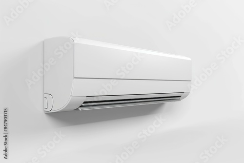 Modern air conditioner is hanging on a white wall, providing cool air to a room photo