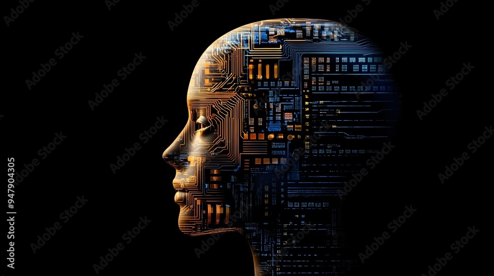 Obraz premium Exploring the Intricate Fusion of Human Silhouette and Complex Circuitry in a Digital Representation of Artificial Intelligence and Technology