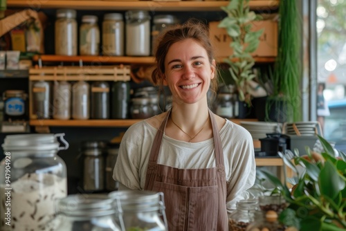 Wallpaper Mural Smiling Storekeeper with Eco-Friendly Products in Zero Waste Shop Torontodigital.ca