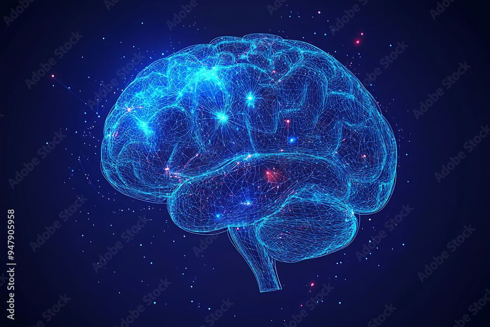 A glowing brain composed of interconnected nodes on a blue background, representing artificial intelligence, neural networks, and big data technology A glowing brain composed of interconnected nodes on a blue background, representing artificial intelligence, neural networks, and big data technology
