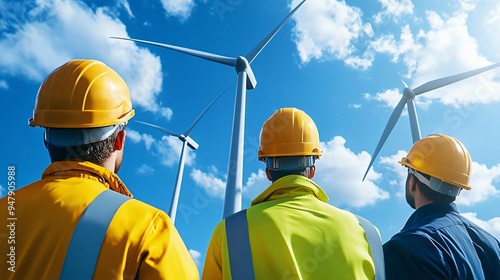 Three workers observe wind turbines under a bright blue sky, showcasing renewable energy and teamwork in a modern setting. photo