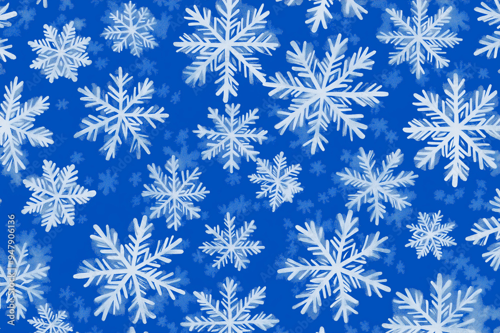 blue background with many white snowflakes scattered throughout. The snowflakes are all different sizes and shapes, creating a sense of movement and depth. Scene is one of winter wonderland blue background with many white snowflakes scattered throughout. The snowflakes are all different sizes and shapes, creating a sense of movement and depth. Scene is one of winter wonderland