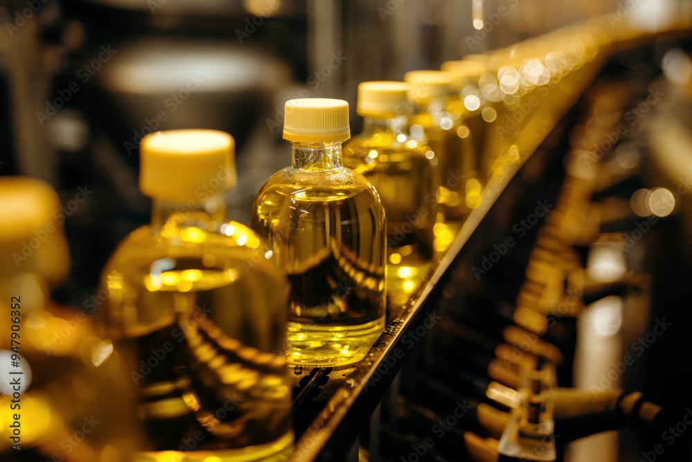 Conveyor belt carrying glass bottles full of fresh olive oil in a food processing factory Conveyor belt carrying glass bottles full of fresh olive oil in a food processing factory
