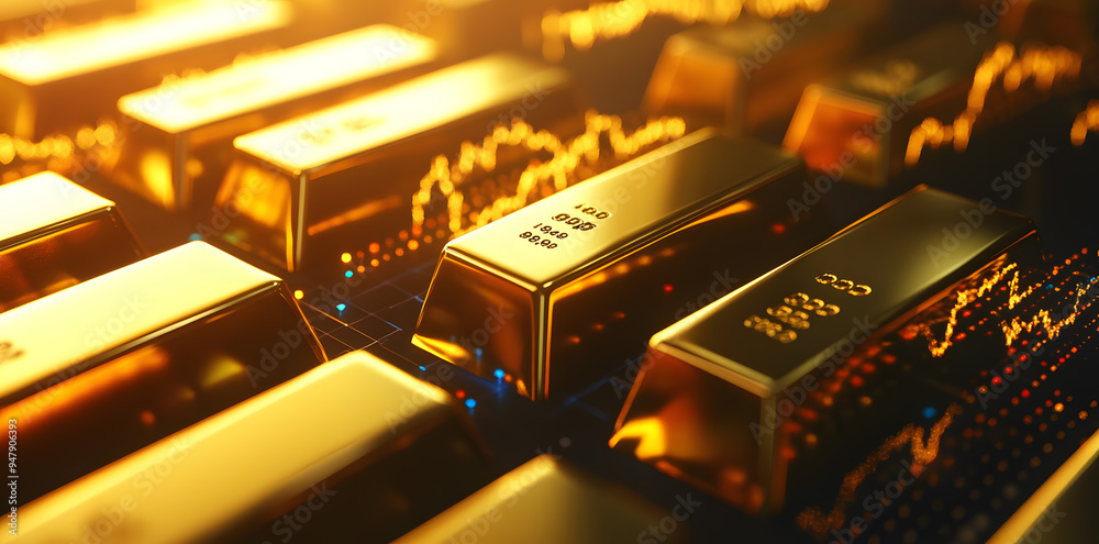 Rows of shining gold bars, business investment and economic stability. Stacks of pure gold bars