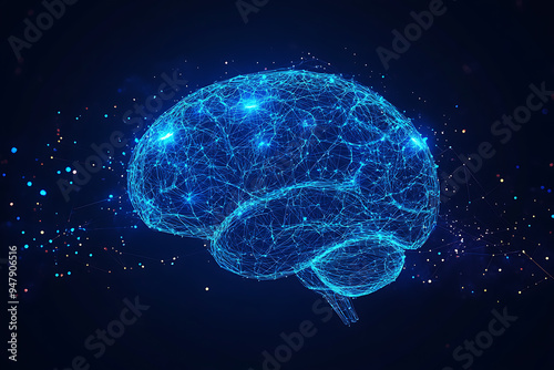 A glowing brain composed of interconnected nodes on a blue background, representing artificial intelligence, neural networks, and big data technology