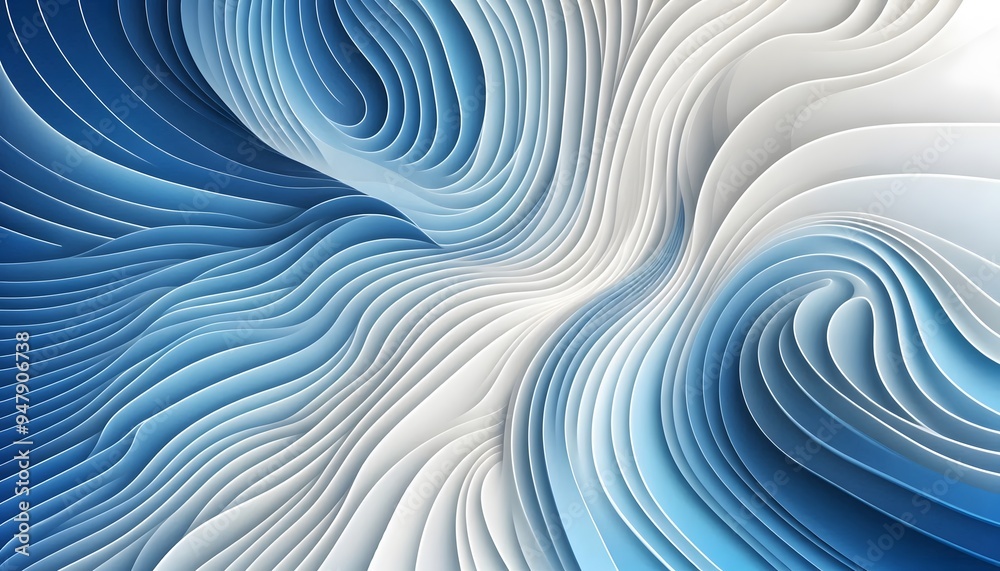 Abstract blue and white wave, curve patterns flowing through a soft landscape background with gentle light. Abstract blue and white wave, curve patterns flowing through a soft landscape background with gentle light.