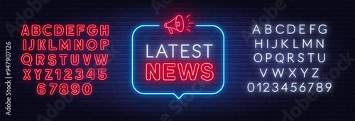 Latest News neon sign in speech bubble on brick wall background.
