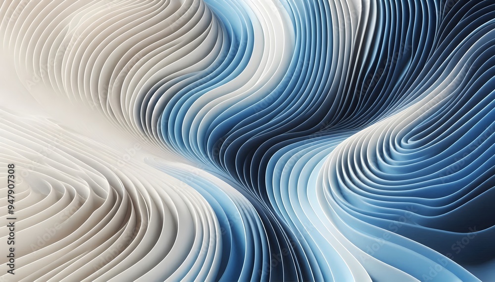 Abstract blue and white wave, curve patterns flowing through a soft landscape background with gentle light. Abstract blue and white wave, curve patterns flowing through a soft landscape background with gentle light.