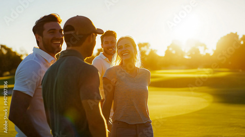 Group of friend having good time playing golf together .