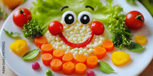 A photo of different fruits and vegetables foods in plates Creative food for children 