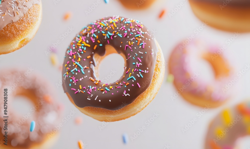 chocolate donuts and colorful sprinkles floating in the air,Generative AI chocolate donuts and colorful sprinkles floating in the air,Generative AI