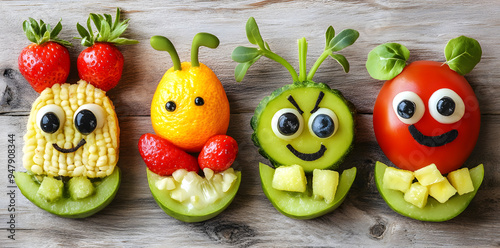 A photo of different fruits and vegetables foods in plates Creative food for children 