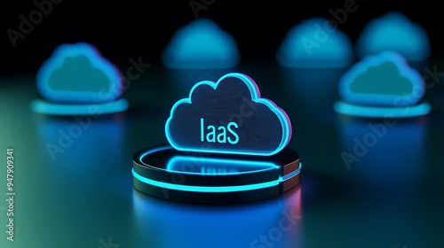 Digital representation of Infrastructure-as-a-Service (IaaS) in glowing blue cloud icons, illustrating modern cloud computing technology.