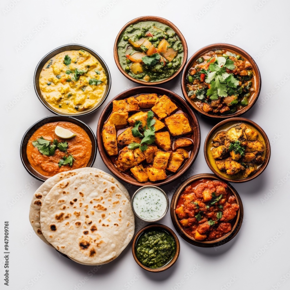 These prompts focus on showcasing the variety, richness, and presentation of Indian food against a white background, using an aspect These prompts focus on showcasing the variety, richness, and presentation of Indian food against a white background, using an aspect