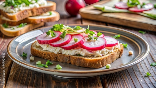 Delicious radish butter sandwich served on a plate, food, vegetarian, healthy, snack, sandwich, bread, radish, butter, plate