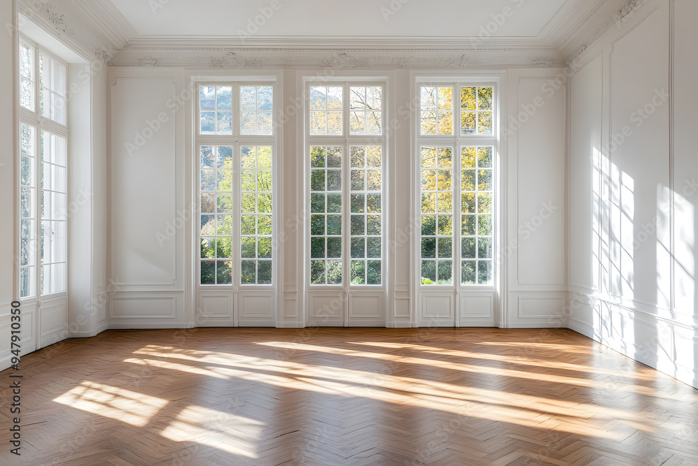 Obraz premium Empty High Ceiling Room with White Big Windows, Wooden Floor and White Walls interior design mock up