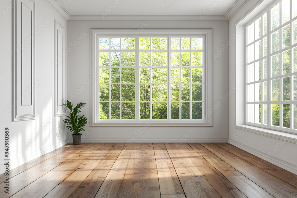 Empty High Ceiling Room with White Big Windows, Wooden Floor and White Walls interior design mock up Empty High Ceiling Room with White Big Windows, Wooden Floor and White Walls interior design mock up