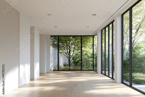 Wallpaper Mural Empty High Ceiling Room with White Big Windows, Wooden Floor and White Walls interior design mock up Torontodigital.ca