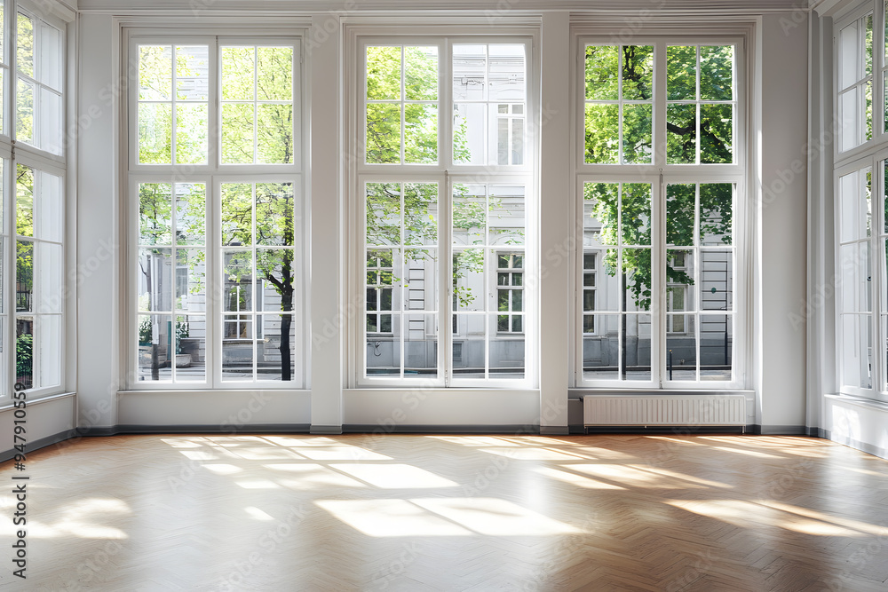 Empty High Ceiling Room with White Big Windows, Wooden Floor and White Walls interior design mock up Empty High Ceiling Room with White Big Windows, Wooden Floor and White Walls interior design mock up