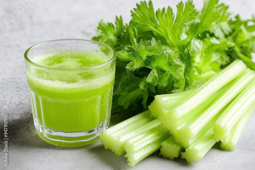 Celery healthy green juice in glass and fresh celery