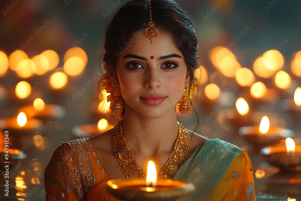 A beautifully dressed woman holding diya lamps in her hands, surrounded by floating candles in water, symbolizing the Diwali festival. She is adorned with traditional jewelry and flowers