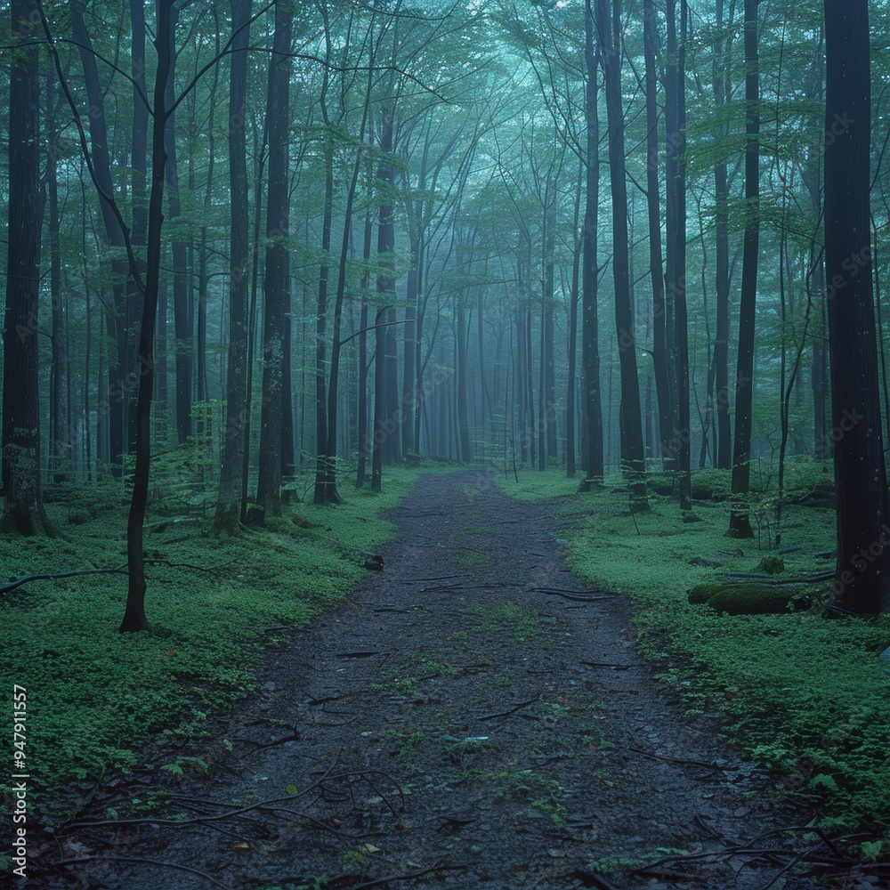 Fototapeta premium Misty path through Aokigahara forest with towering trees