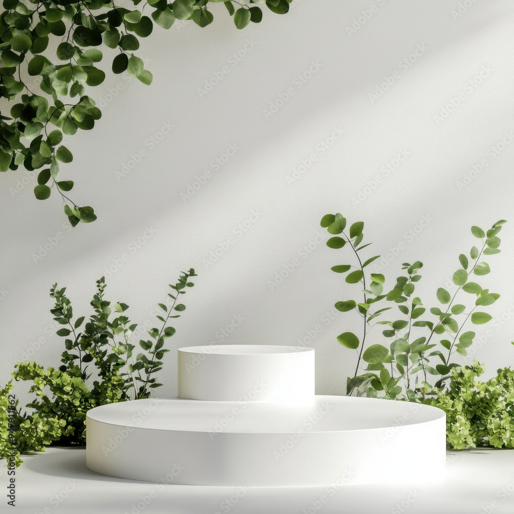 White Podium with Plants. White Podium with Plants.