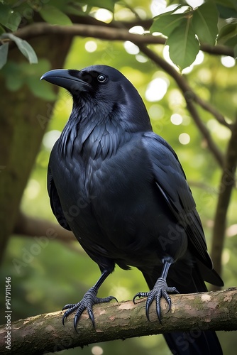 A crow on a branch with nature in background photo