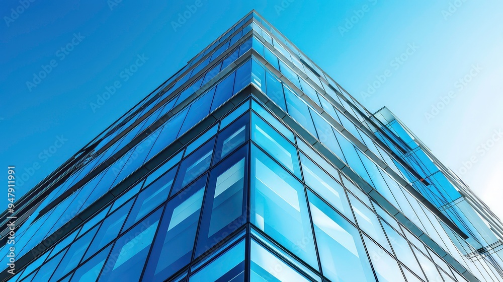 A low-angle view of a modern glass building with a blue sky in the background. A low-angle view of a modern glass building with a blue sky in the background.