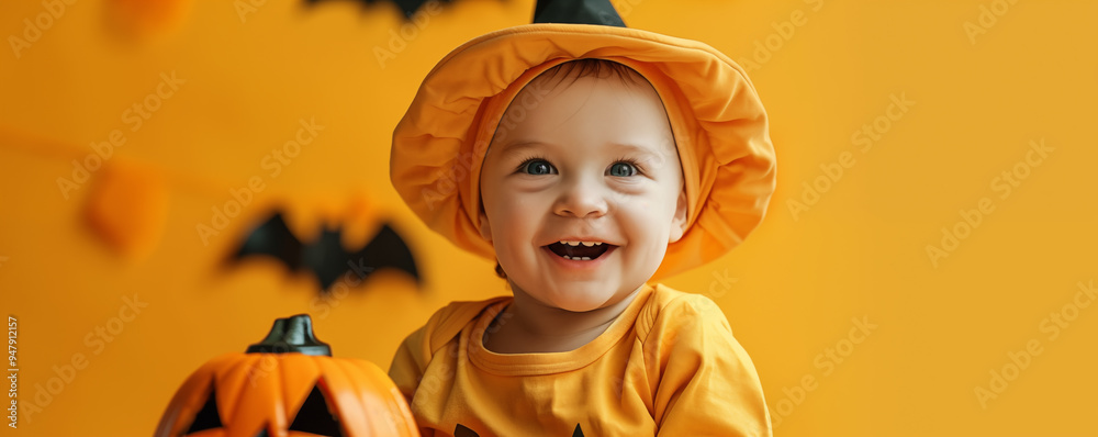 Cute small toddler in Halloween costume with pumpkin background. Banner with copyspace. Shallow depth of field. Cute small toddler in Halloween costume with pumpkin background. Banner with copyspace. Shallow depth of field.