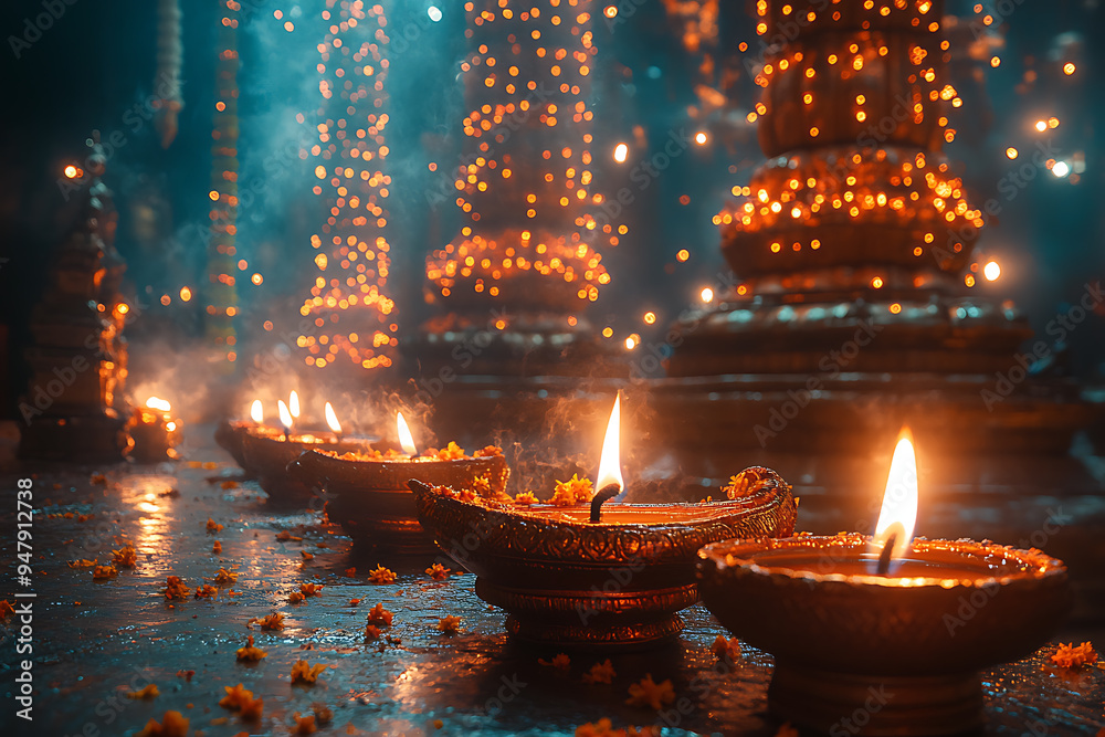 A close-up of traditional diya lamps emitting a warm glow, surrounded by soft bokeh lights and scattered flower petals. The image captures the serene and festive essence of Diwali A close-up of traditional diya lamps emitting a warm glow, surrounded by soft bokeh lights and scattered flower petals. The image captures the serene and festive essence of Diwali