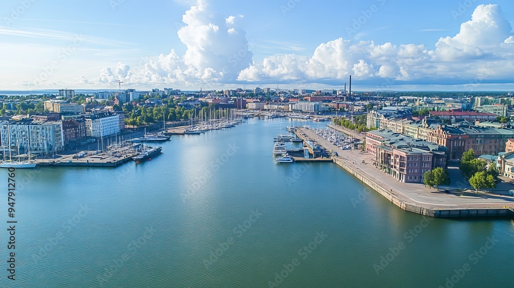 Obraz premium Helsinki The Helsinki cityscape, featuring the waterfront and port area, showcasing the blend of modern architecture and historic buildings along the picturesque coastline of Finland's capital.