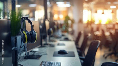 Headset and customer support equipment neatly arranged at a call center, ready for active service.