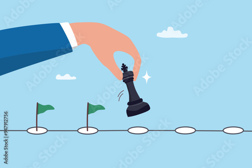 Strategic planning process, business or work progress achievement, journey, step to success, career development, timeline or winning solution concept, businessman move chess king step to achievement.