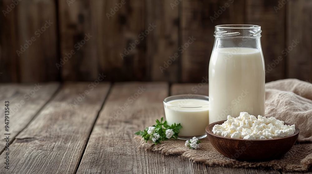 A bottle of milk, a container of sour cream, cottage cheese, and a glass of milk arranged on a wooden background, showcasing fresh dairy products with a clean, rustic aesthetic.