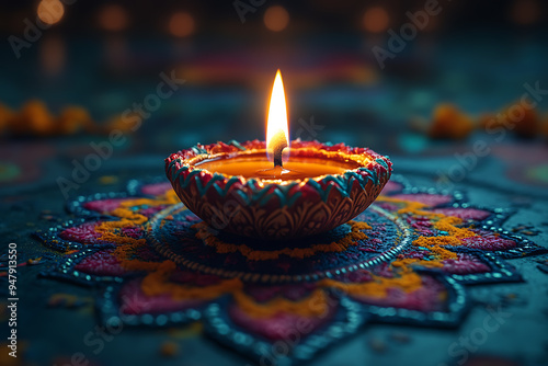 A close-up of traditional diya lamps emitting a warm glow, surrounded by soft bokeh lights and scattered flower petals. The image captures the serene and festive essence of Diwali