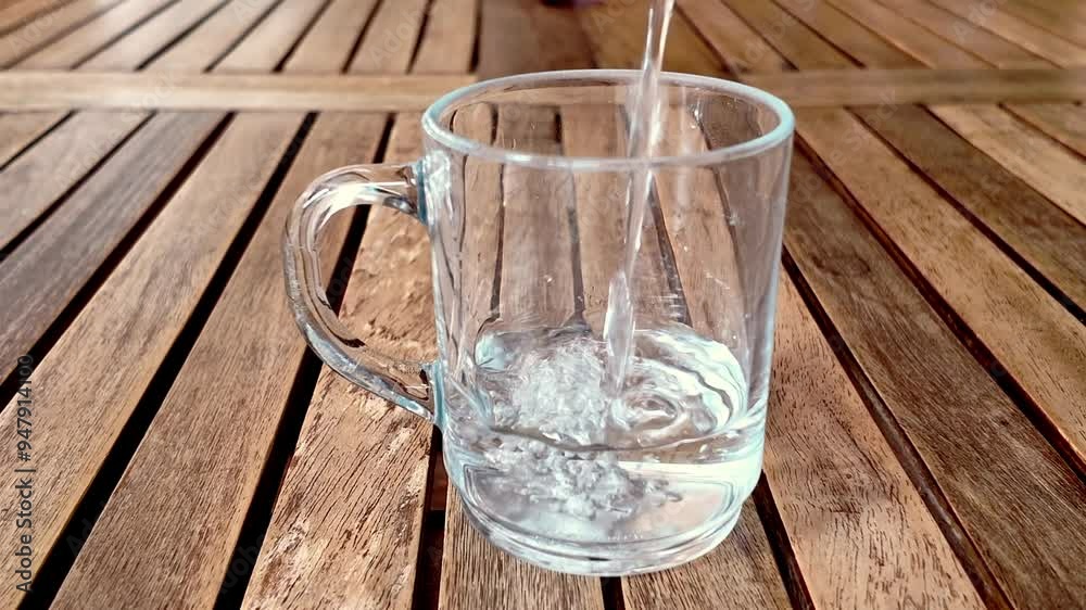 Llenando un vaso de agua sobre una mesa