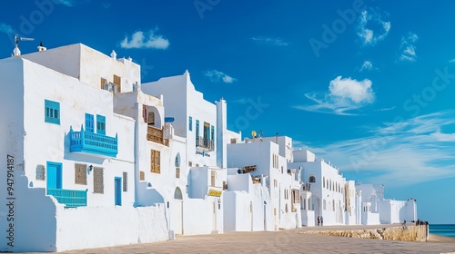 The whitewashed buildings of the old town in Assilah, a picturesque and fortified seaside town located on the northwest tip of Morocco's Atlantic coast. photo