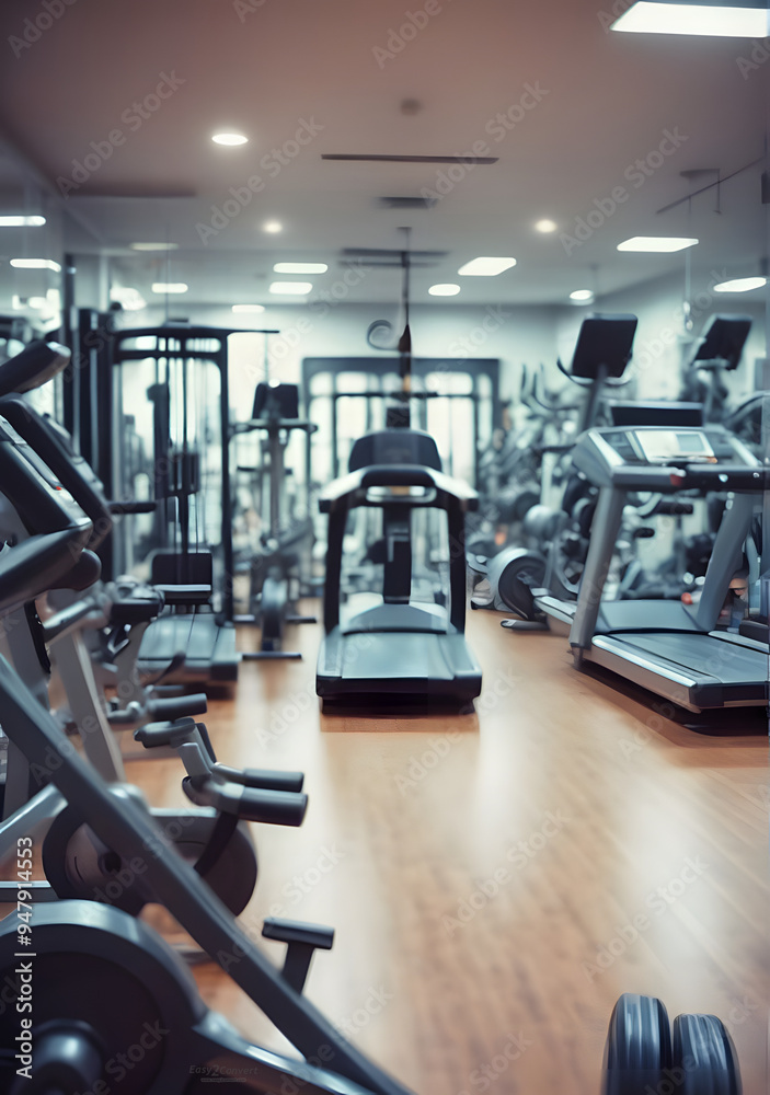 A blurry image of a gym, showing fitness tools and equipment with no humans included A blurry image of a gym, showing fitness tools and equipment with no humans included