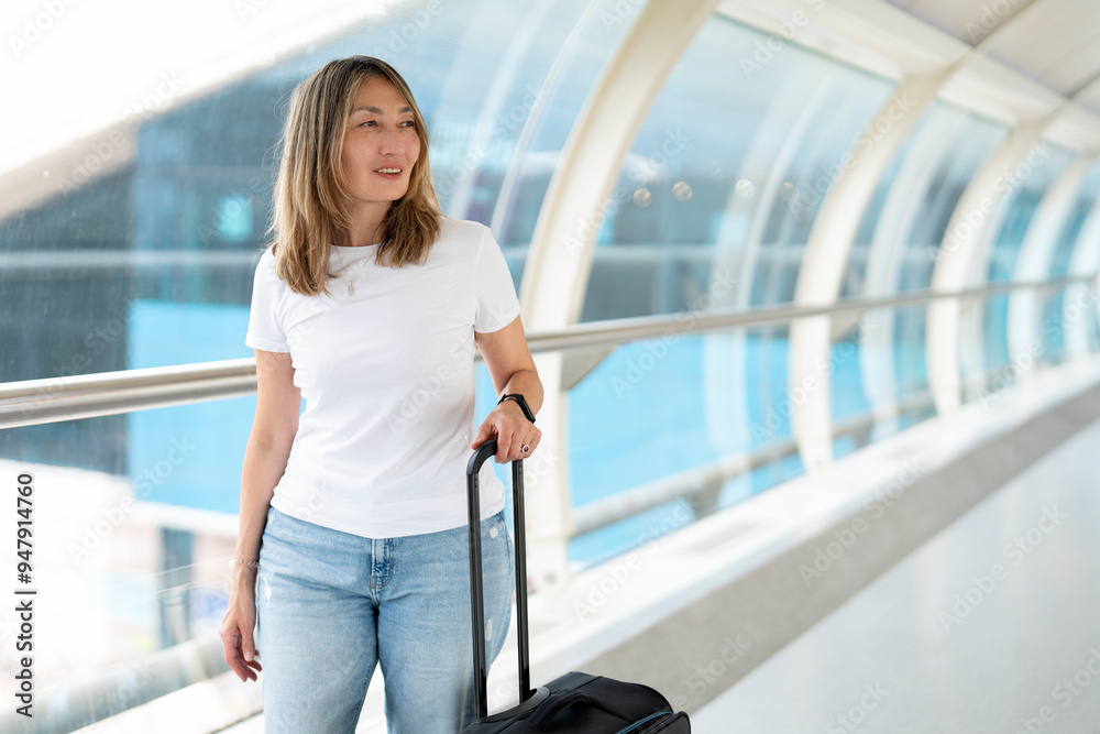 Traveler in Casual Attire With Carry-On Luggage Enjoying the Airport Atmosphere in Daylight Traveler in Casual Attire With Carry-On Luggage Enjoying the Airport Atmosphere in Daylight