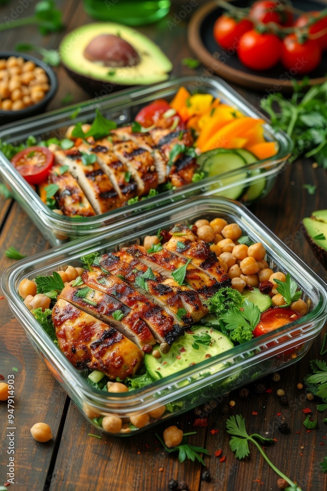 Three transparent plastic containers filled with chicken and vegetable dishes are placed on a wooden table Three transparent plastic containers filled with chicken and vegetable dishes are placed on a wooden table