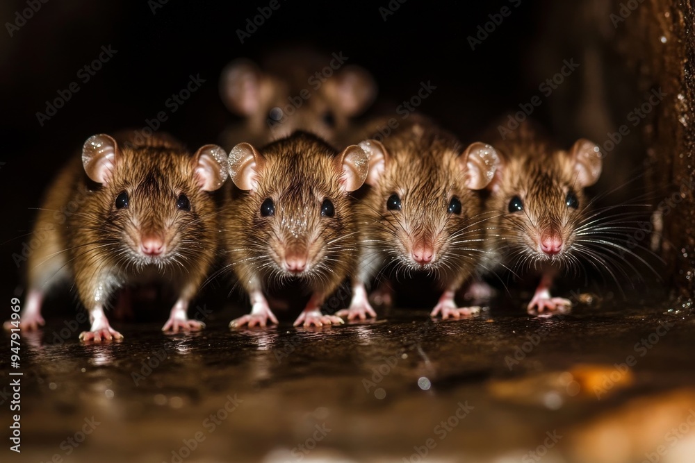 Rats Navigating a Narrow Wet Alleyway at Night with City Lights Reflecting with Copy Space Rats Navigating a Narrow Wet Alleyway at Night with City Lights Reflecting with Copy Space