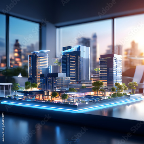 A businessman and a futuristic 3D render model of a city, houses, or homes on a table, set against the backdrop of a real estate agency