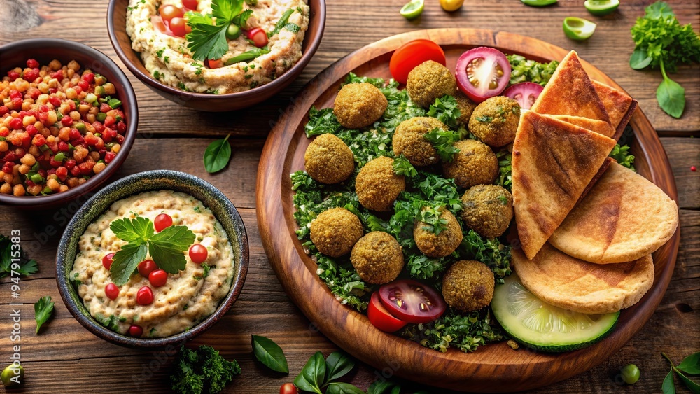 Traditional Middle Eastern dish consisting of falafel, hummus, tabbouleh, pickled vegetables, and pita bread, falafel Traditional Middle Eastern dish consisting of falafel, hummus, tabbouleh, pickled vegetables, and pita bread, falafel