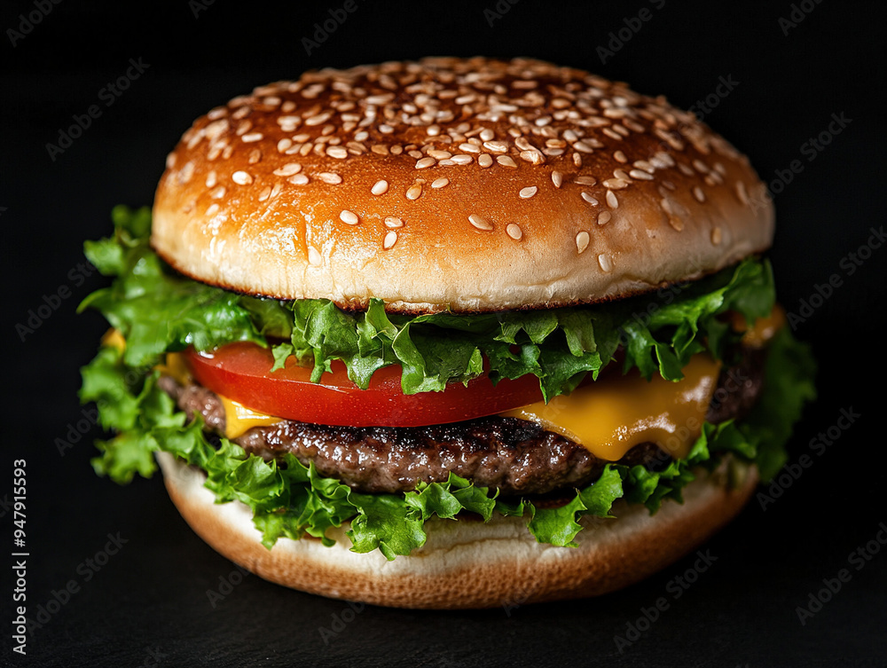 Close-up of a tasty and delicious hamburger with a juicy beef patty, fresh lettuce, tomatoes, and melted cheese Close-up of a tasty and delicious hamburger with a juicy beef patty, fresh lettuce, tomatoes, and melted cheese