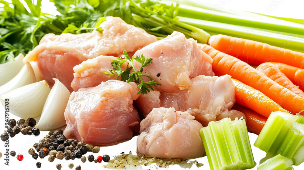 Raw chicken pieces, along with soup vegetables like carrots isolated on transparent background Raw chicken pieces, along with soup vegetables like carrots isolated on transparent background