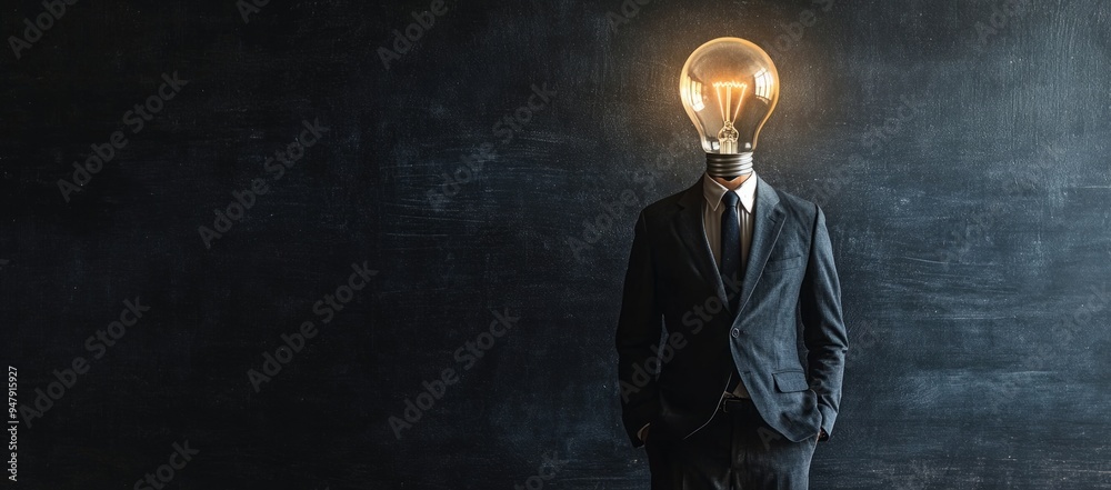 Full-body portrait of a businessman with a lightbulb-shaped head against a blackboard background, Full-body portrait of a businessman with a lightbulb-shaped head against a blackboard background,