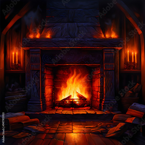 A cozy fireplace with realistic flames crackling and moving, emitting a soft orange glow, with logs burning gently.