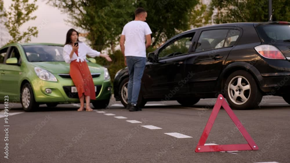 Red emergency stop triangle sign afore Destroyed car in car crash traffic accident on city road. Man driver looking on Smashed broken car in accident. Copy space. Red emergency stop triangle sign afore Destroyed car in car crash traffic accident on city road. Man driver looking on Smashed broken car in accident. Copy space.