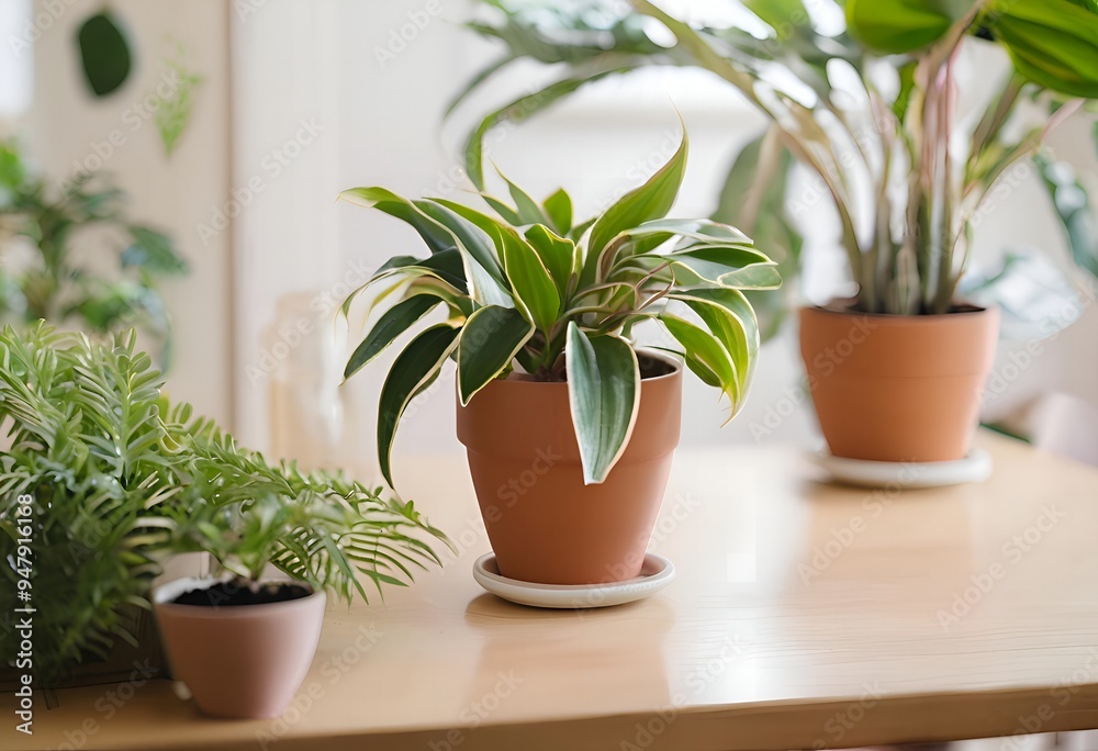 Houseplants on wooden table.